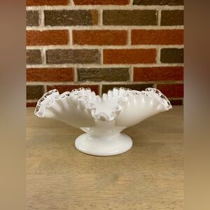 Vintage FENTON Marked‎ Silver Crest Pedestal Compote Ruffled Edge Milk Glass
